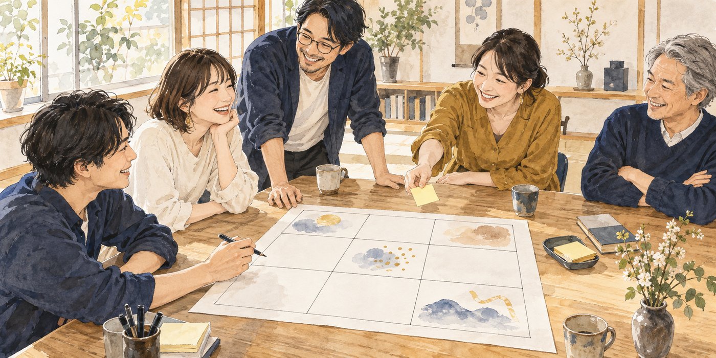 9マスの紙を囲んで、書いたり応援し合ったりしている人たちのイラスト