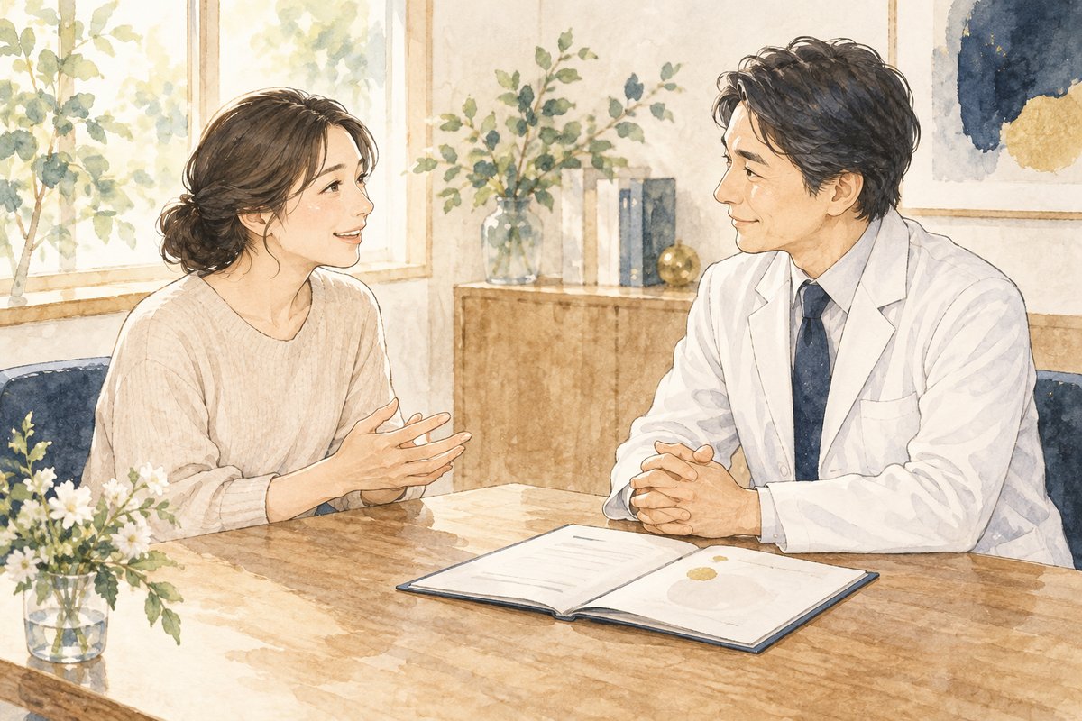 カルテを見ずに、患者さんのほうを向いて話を聞いている医師のイラスト